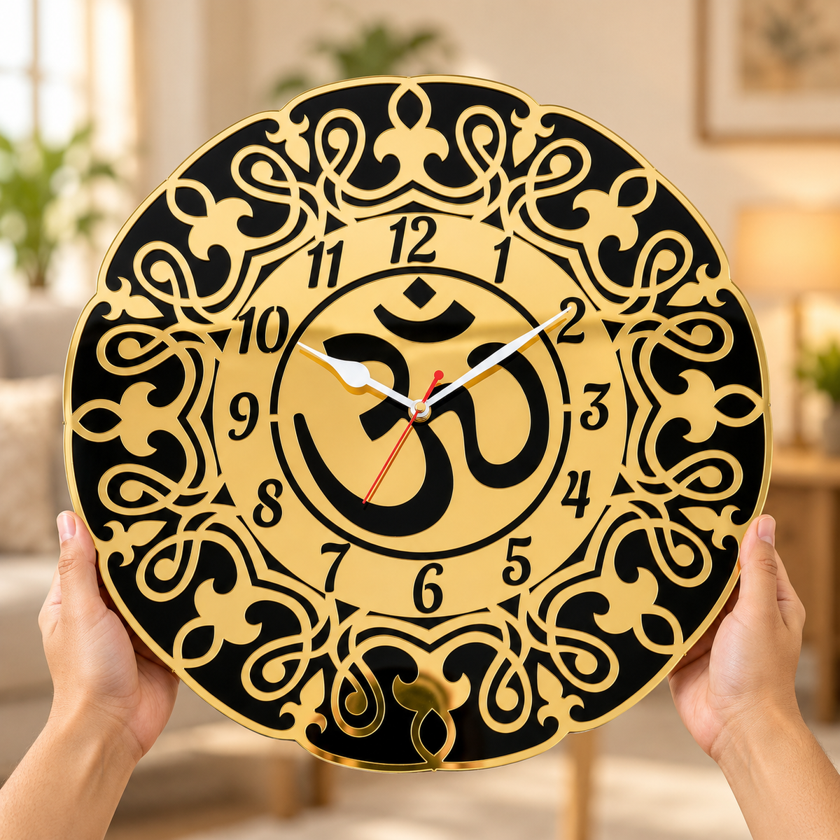 Premium Om Designer Wall Clock – Shiny Gold & Black Acrylic Religious Wall Decor for Living Room
