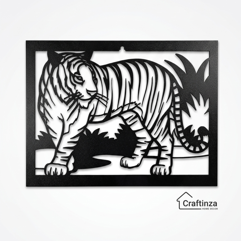 Modern 3D Tiger Animal Silhouette Cutout Wall Art – Black Wildlife Decor Frame for Living Room & Office