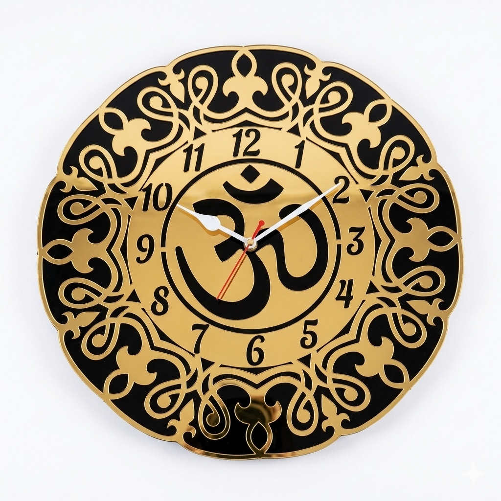 Premium Om Designer Wall Clock – Shiny Gold & Black Acrylic Religious Wall Decor for Living Room
