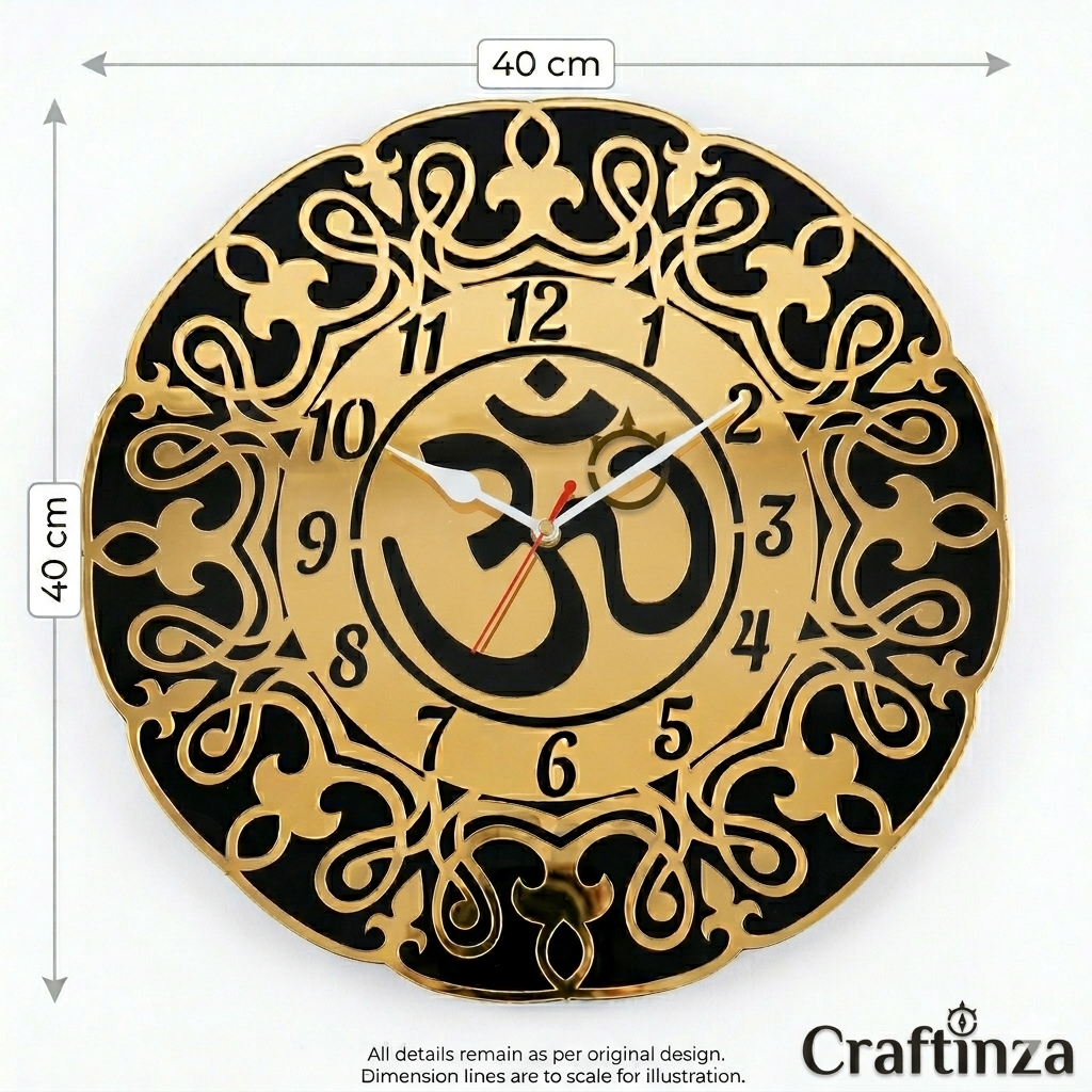Premium Om Designer Wall Clock – Shiny Gold & Black Acrylic Religious Wall Decor for Living Room