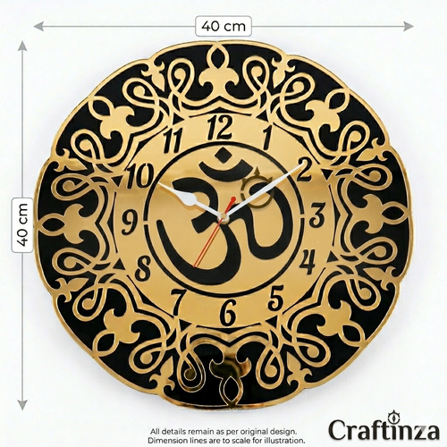 Premium Om Designer Wall Clock – Shiny Gold & Black Acrylic Religious Wall Decor for Living Room