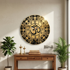Premium Om Designer Wall Clock – Shiny Gold & Black Acrylic Religious Wall Decor for Living Room