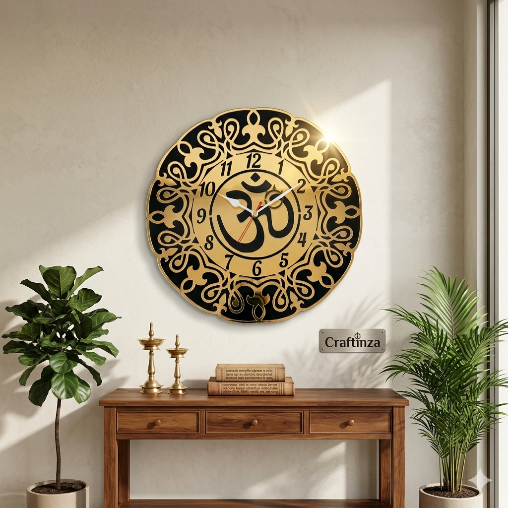 Premium Om Designer Wall Clock – Shiny Gold & Black Acrylic Religious Wall Decor for Living Room