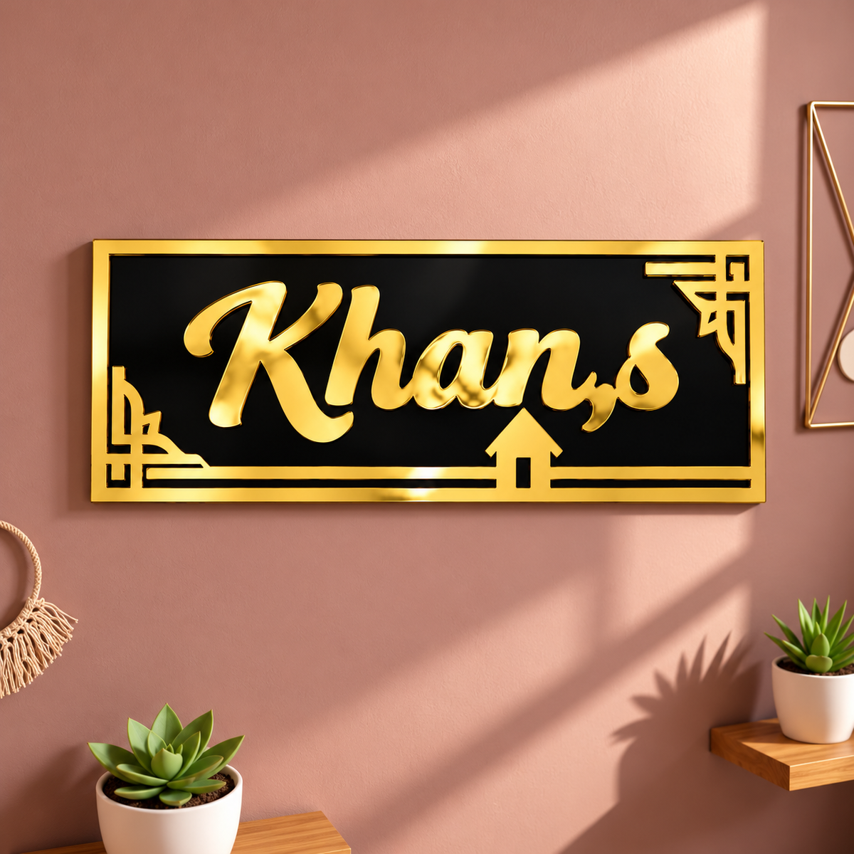 Acrylic Name Plate – Gold & Black with House Motif, 40 × 15 cm