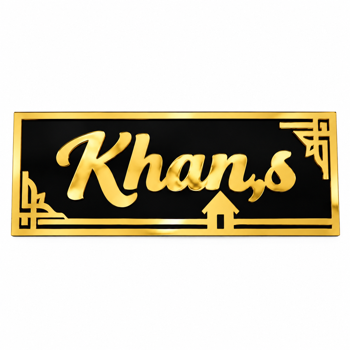 Acrylic Name Plate – Gold & Black with House Motif, 40 × 15 cm