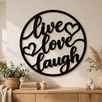 Live Love Laugh MDF Wall Art – Black Round Quote Décor with Hearts, 40 × 40 cm