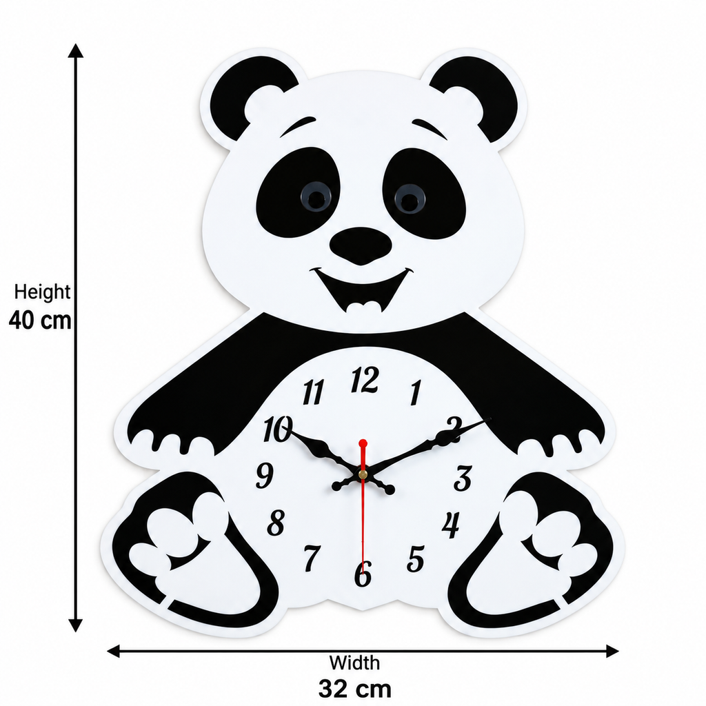 Panda Acrylic Wall Clock for Kids Room – Black & White | 40 × 32 cm