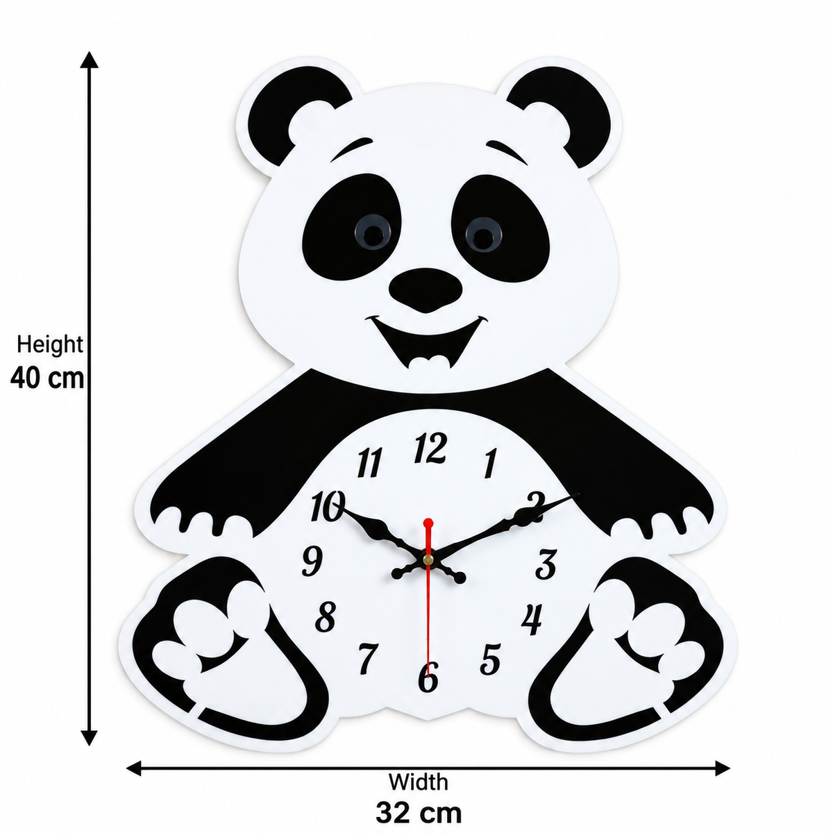 Panda Acrylic Wall Clock for Kids Room – Black & White | 40 × 32 cm