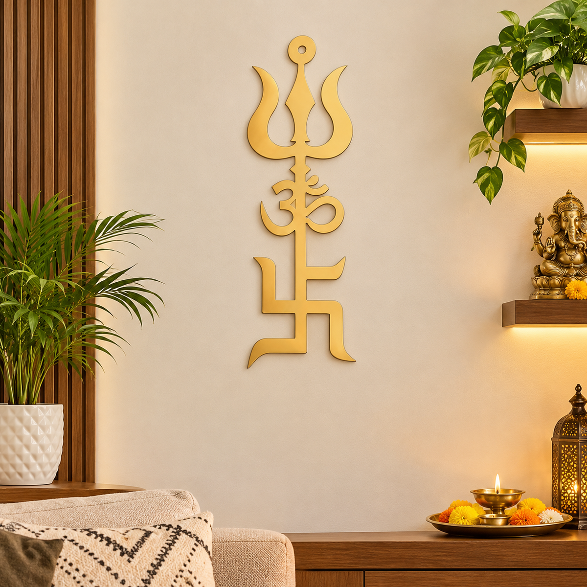 Gold Trishul Om Swastik Wall Decor for Home Mandir | Acrylic & MDF | 60 × 18 cm