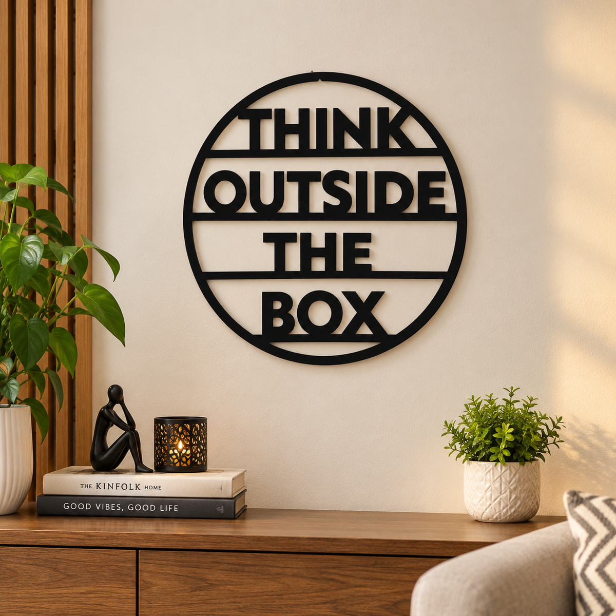 Think Outside The Box MDF Wall Decor – Black Round Motivational Wall Art, 40 × 40 cm
