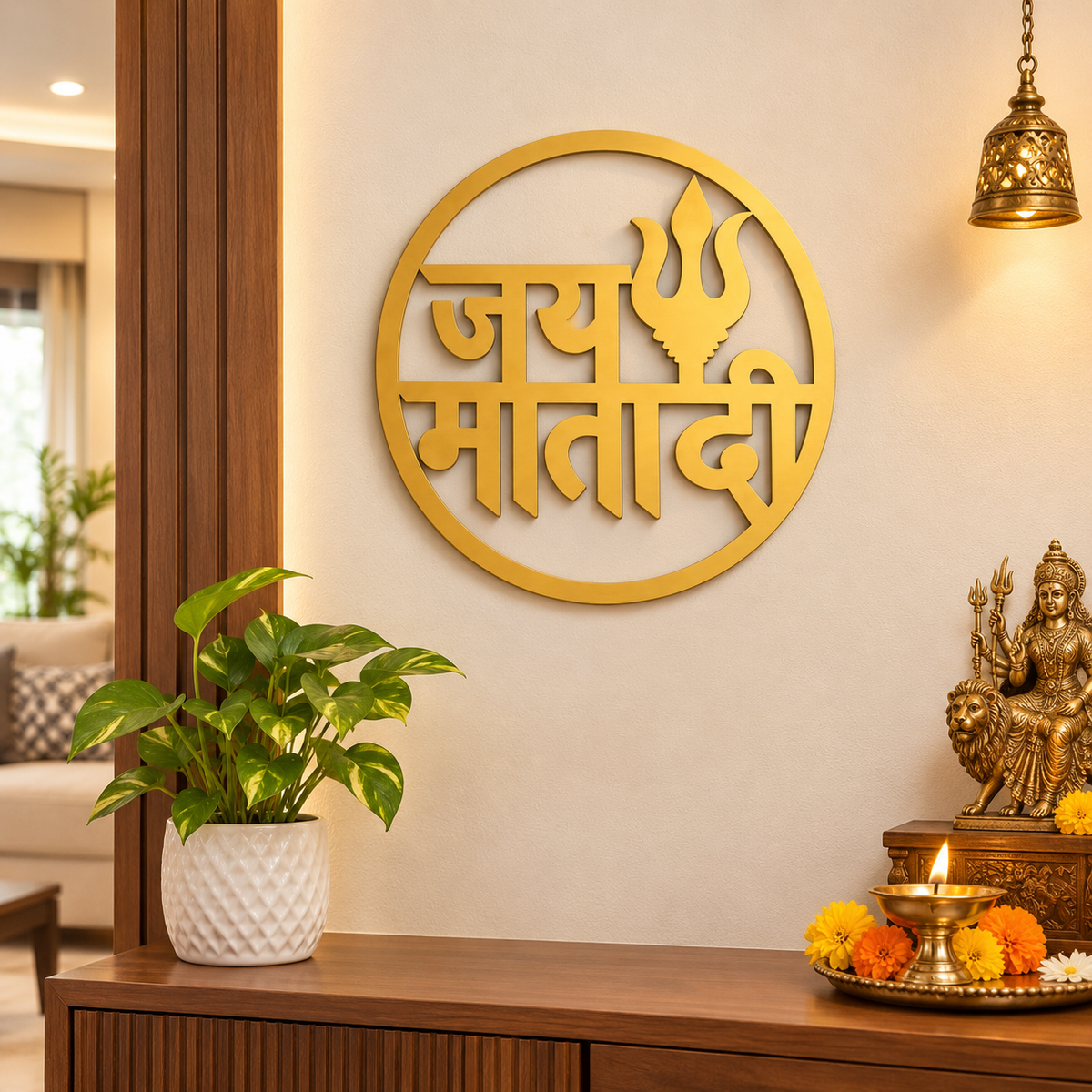 Jai Mata Di Round Wall Décor – Golden Trishul Design, 40 × 40 cm