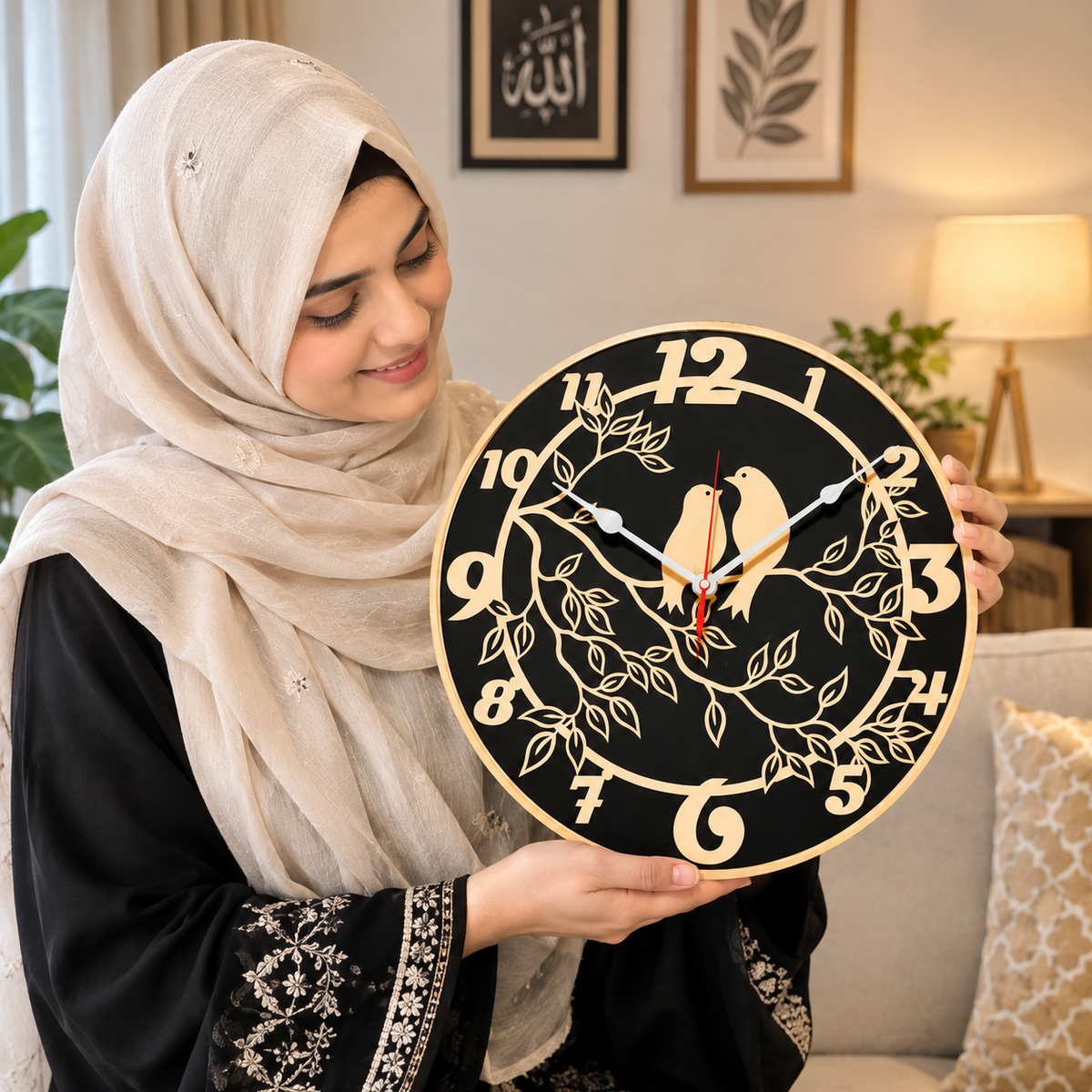 Two  Love Birds Wall Clock – Gold & Black Round Decorative Clock, 40 × 40 cm