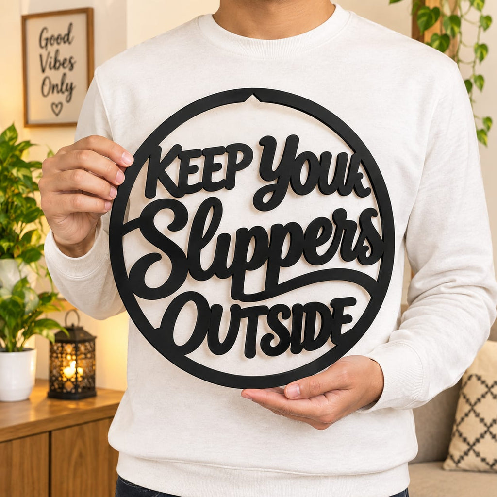 Keep Your Slippers Outside MDF Wall Sign – Black Round Entrance Décor, 40 × 40 cm