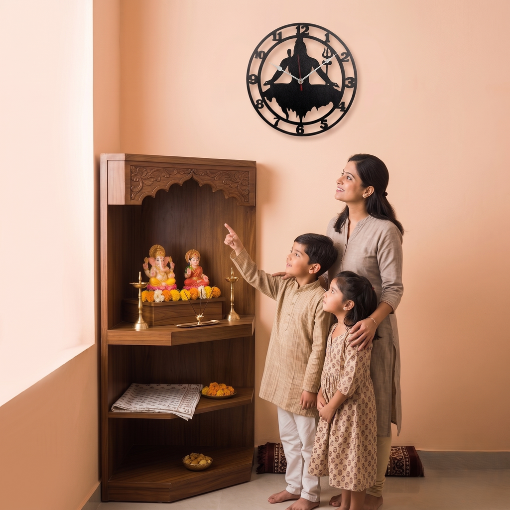 Lord Shiva Wall Clock for Home Decor | Shivji Silhouette Wall Art MDF Clock for Pooja Room & Living Room (Black)