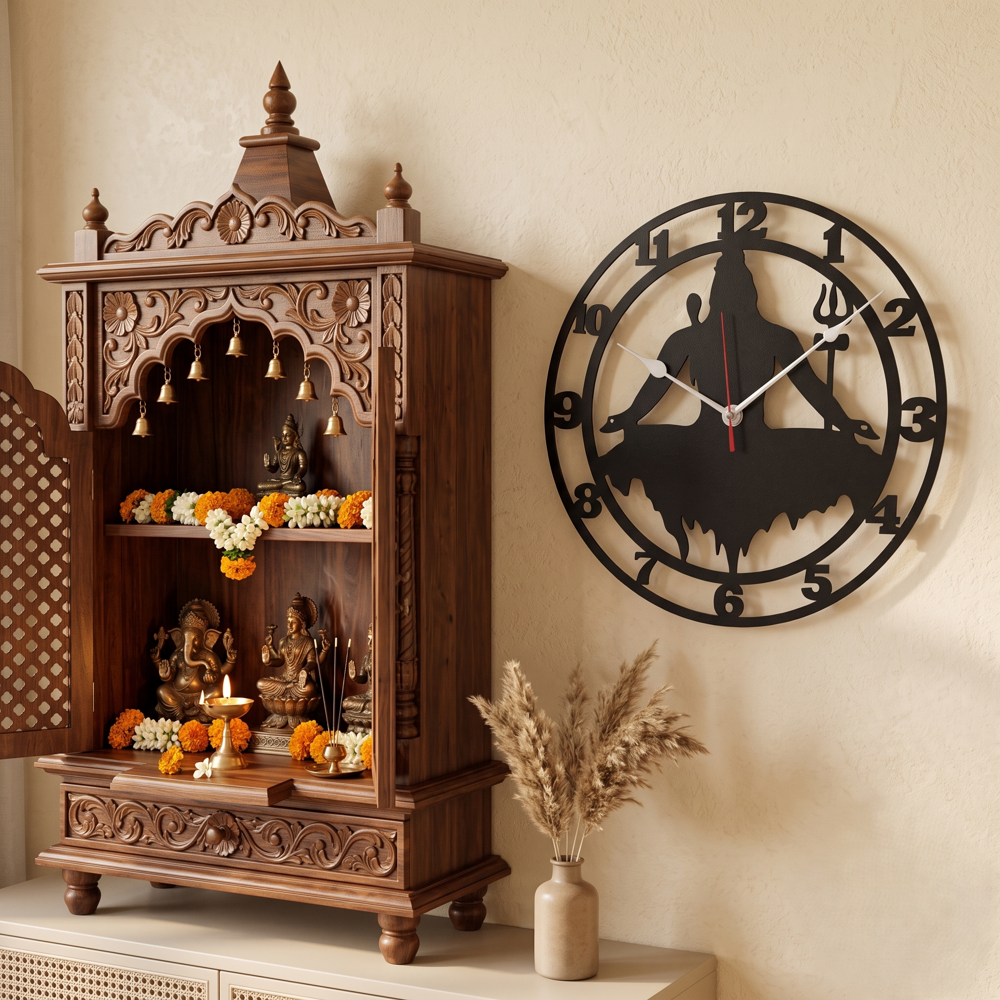Lord Shiva Wall Clock for Home Decor | Shivji Silhouette Wall Art MDF Clock for Pooja Room & Living Room (Black)
