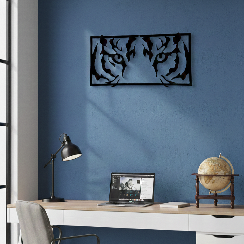 Tiger Eyes Black Silhouette Wall Art – Modern Rectangular Animal MDF Cutout Frame (40 x 20 cm)