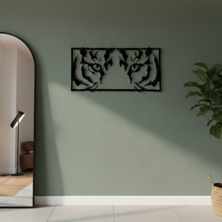 Tiger Eyes Black Silhouette Wall Art – Modern Rectangular Animal MDF Cutout Frame (40 x 20 cm)
