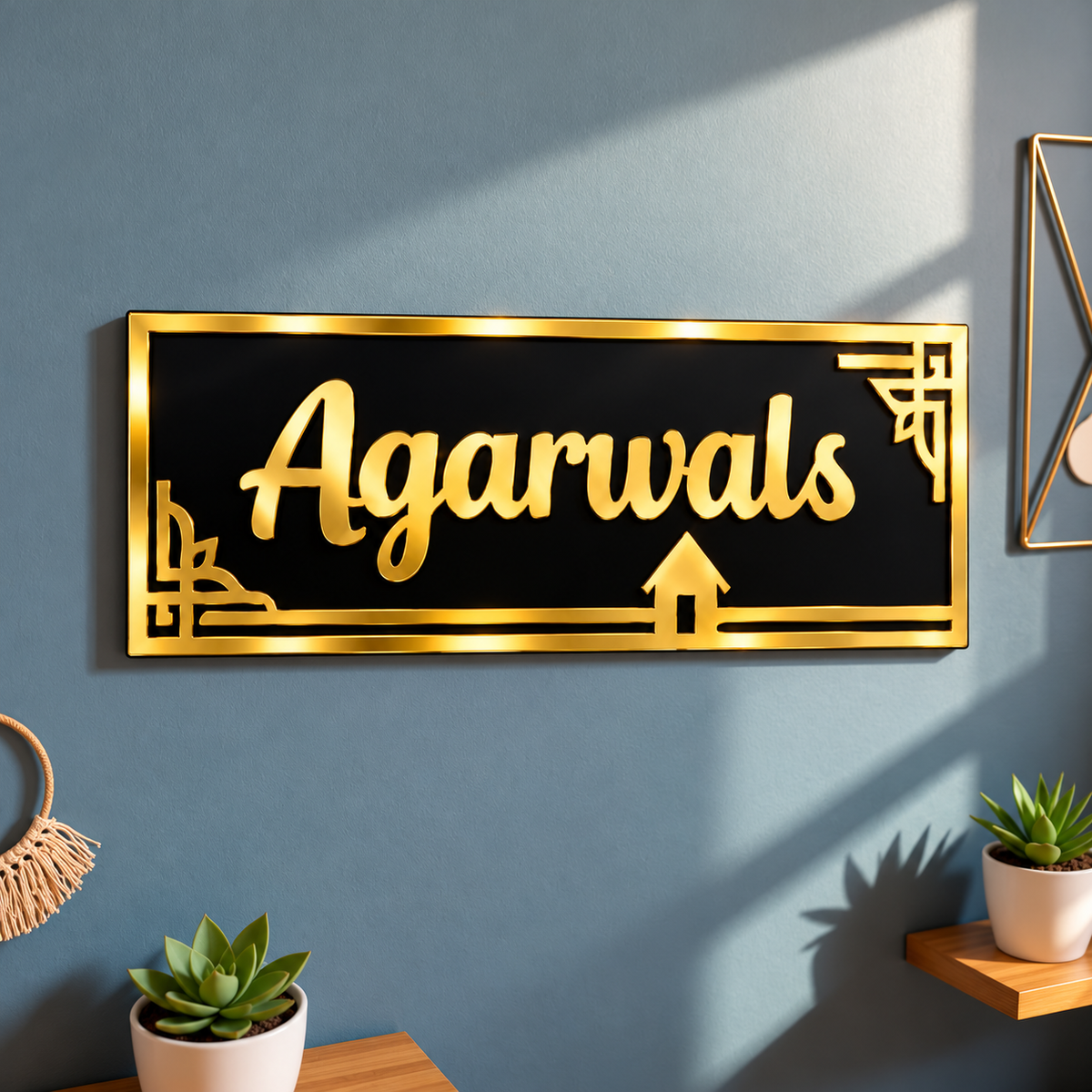 Personalized Acrylic Name Plate – Gold & Black Home Door Sign, 40 × 15 cm