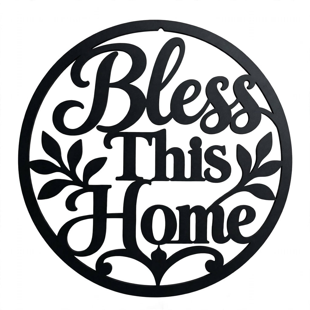 Bless This Home MDF Wall Art – Round Matte Black Décor, 40 × 40 cm