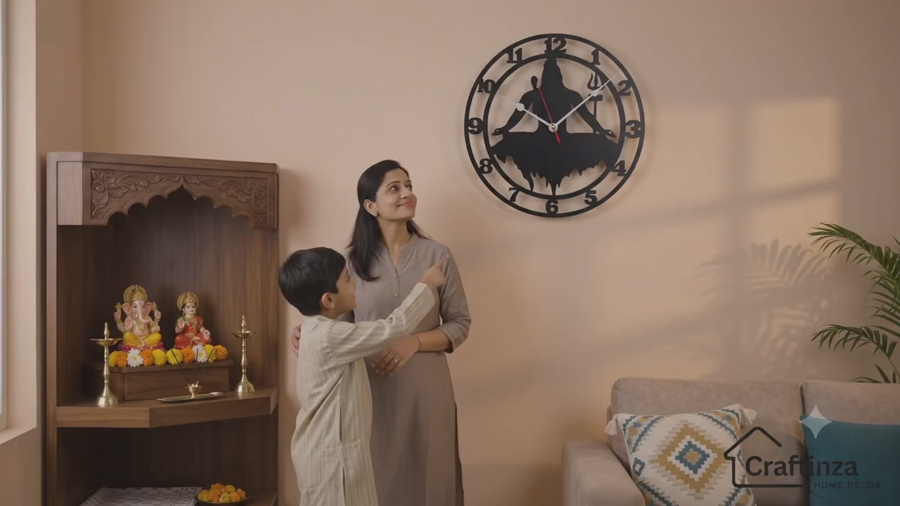 Lord Shiva Wall Clock for Home Decor | Shivji Silhouette Wall Art MDF Clock for Pooja Room & Living Room (Black)